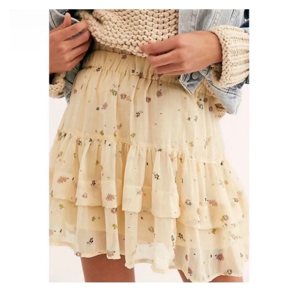 Free People Floral Tiered Mini Skirt Cream Yellow Boho Ruffle  XS